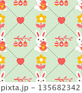 Spring Seamless pattern with easter bunny, flowers and hearts. Easter seamless pattern. Vector illustration. 135682342