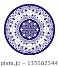 Round blue and white pattern, traditional Chinese porcelain. Ceramic plate with arabic ornament (EPS). For round surfaces, household utensils, textiles, embroidery 135682344