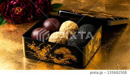 春のお彼岸 ぼたもちとおはぎ 蒔絵重箱入りの高級和菓子 金背景 豪華な日本の伝統食 供え物 135682508