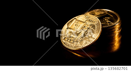 Cryptocurrency concept. Bitcoin coins on black background. 135682701
