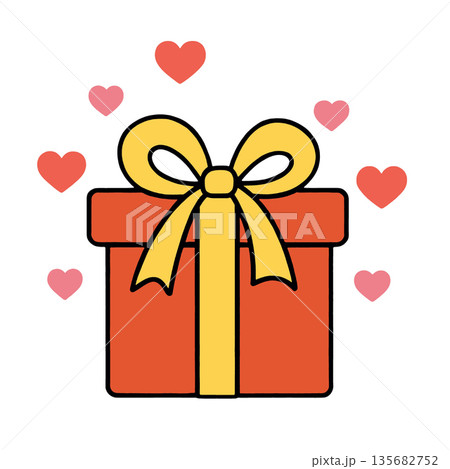 Gift box with yellow ribbon, surrounded by red and pink hearts, symbolizing love and celebration Gift box with yellow ribbon, surrounded by red and pink hearts, symbolizing love and celebration 135682752