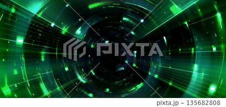 Tech background with neon green light tunnel 135682808