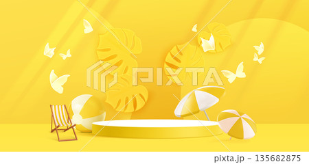 Summer beach banner with round podium on yellow Summer beach banner with round podium on yellow 135682875