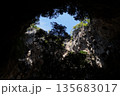 View of the sky from the cave.Blue sky and green plants visible from the cave. 135683017