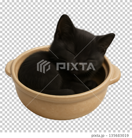 一隻黑貓睡在碗裡的插畫。一隻平靜而溫順的貓咪形象。 135683019