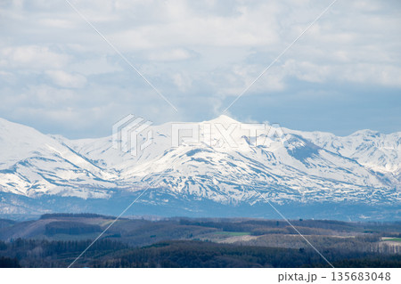 春の丘陵地帯と雪山の山頂　十勝岳 135683048