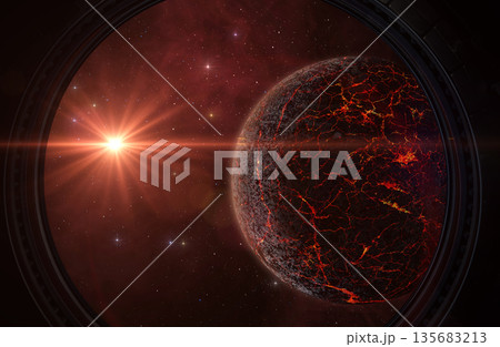 Alien volcanic planet, galaxy, nebula and a red sun. Porthole view. Alien volcanic planet, galaxy, nebula and a red sun. Porthole view. 135683213