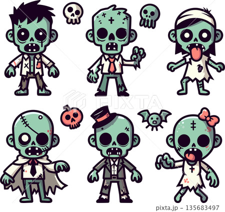 複数のデフォルメゾンビキャラクターのイラスト 135683497