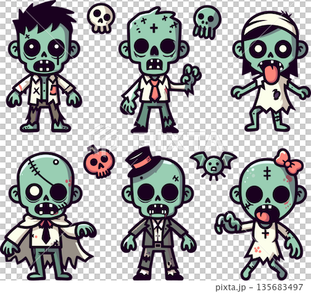 複数のデフォルメゾンビキャラクターのイラスト 135683497