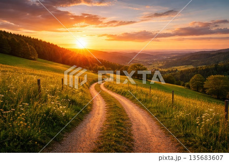 Scenic Countryside Road at Sunset, Journey and Freedom Concept Scenic Countryside Road at Sunset, Journey and Freedom Concept 135683607
