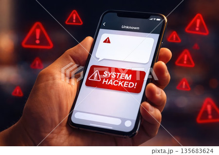 Mobile Phone Showing Unknown Sender Scam Message and System Hacked Alert 135683624