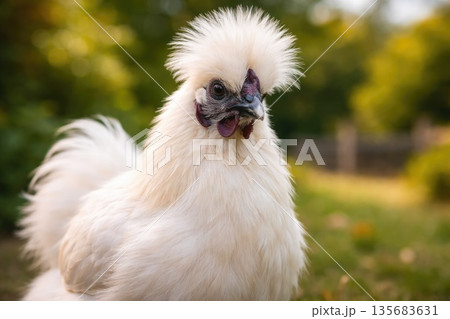 White Silkie Chicken with Fluffy Feathers Standing Outdoors in Natural Light White Silkie Chicken with Fluffy Feathers Standing Outdoors in Natural Light 135683631