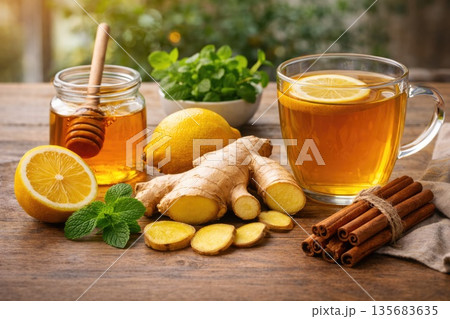 Healthy Ginger Tea with Lemon Honey and Cinnamon for Immunity and Wellness Healthy Ginger Tea with Lemon Honey and Cinnamon for Immunity and Wellness 135683635