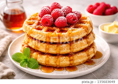 Fresh Waffles with Raspberries and Syrup on White Plate 135683649