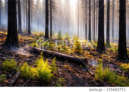 Sunlit Forest Regrowth After Wildfire with Young Trees and Morning Mist 135683751