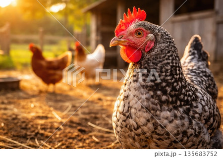 Speckled Hen Standing in Farmyard at Golden Hour with Free Range Chickens Speckled Hen Standing in Farmyard at Golden Hour with Free Range Chickens 135683752