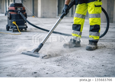 Construction Worker Using Industrial Vacuum Cleaner on Concrete Floor Construction Worker Using Industrial Vacuum Cleaner on Concrete Floor 135683766