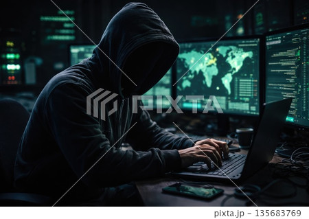 Anonymous Hacker Using Laptop in Dark Cybercrime Environment 135683769