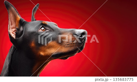 Elegant Doberman dog portrait on red studio background 135683775