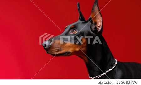Doberman dog wearing chain collar on red background Doberman dog wearing chain collar on red background 135683776