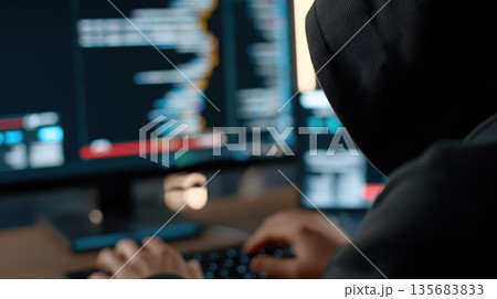 Anonymous Hacker Coding at Computer with Multiple Screens, Cybersecurity and Technology Concept Anonymous Hacker Coding at Computer with Multiple Screens, Cybersecurity and Technology Concept 135683833