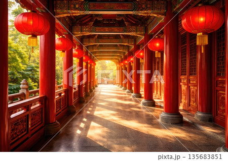 Traditional Chinese Temple Corridor with Red Lanterns and Ornate Wooden Columns in Warm Sunlight 135683851