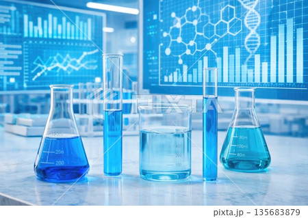 Laboratory Glassware with Blue Liquid and Scientific Data Screens Laboratory Glassware with Blue Liquid and Scientific Data Screens 135683879