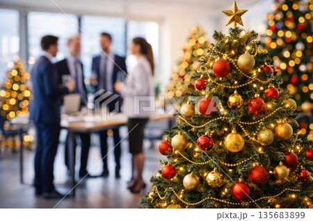 Festive Office Christmas Party with Decorated Tree and Team Festive Office Christmas Party with Decorated Tree and Team 135683899
