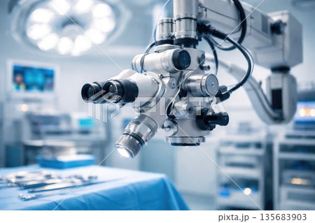 High Precision Surgical Microscope in Modern Operating Room Medical Environment High Precision Surgical Microscope in Modern Operating Room Medical Environment 135683903