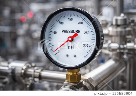 Industrial Pressure Gauge Measuring PSI in Factory Pipeline System Close-Up 135683904