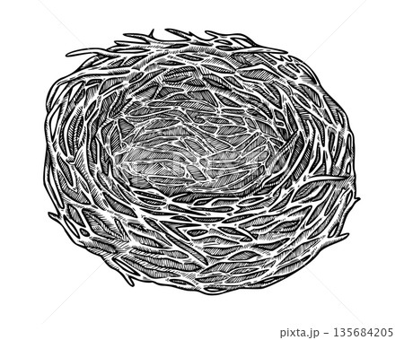 Empty bird nest from twig vintage Easter sketch. Realistic hand drawn vector illustration with fine texture. Perfect for black and white card design. Ideal for festive decor and nature themed artwork. Empty bird nest from twig vintage Easter sketch. Realistic hand drawn vector illustration with fine texture. Perfect for black and white card design. Ideal for festive decor and nature themed artwork. 135684205