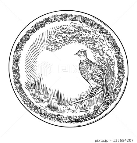 Vintage porcelain plate with graceful pheasant motifs. Realistic hand drawn vector dinnerware with fine details. Perfect for outline card design. Ideal for elegant tableware decor and nostalgic art. Vintage porcelain plate with graceful pheasant motifs. Realistic hand drawn vector dinnerware with fine details. Perfect for outline card design. Ideal for elegant tableware decor and nostalgic art. 135684207