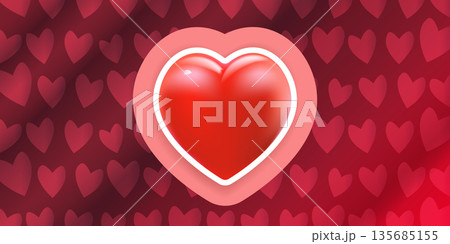 Modern romantic web banner for love and romance, 3D red heart icon on abstract wavy background with heart shapes for Valentine's Day social media marketing 135685155