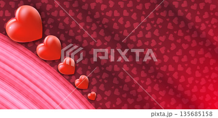 Modern romantic web banner for love and romance, 3D red heart icon on abstract wavy background with heart shapes for Valentine's Day social media marketing. Love background 135685158