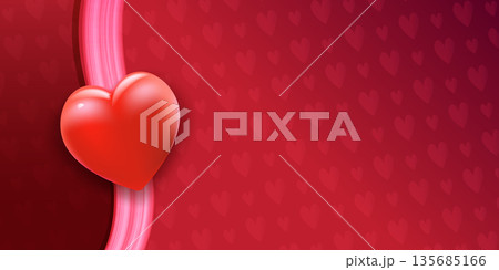 Valentine's Day luxury banner with 3D glossy red heart on abstract dark red background with wavy ribbons and hearts pattern, romantic love promotion header 135685166