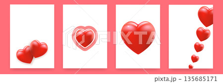 3D red heart poster set on white background with pink frames, creative vertical greeting banners for Valentines Day, Mothers Day, and wedding celebrations 135685171