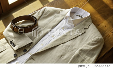 Shirt and suit jacket with belt placed on wooden table in bright light during daytime 135685332