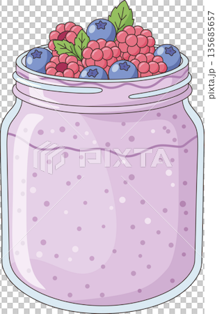 Hand Drawn Minimalist Illustration of Healthy Berry Smoothie in a Glass Jar Topped with Fresh Raspberries and Blueberries for Vegan Breakfast and Wellness Decor Hand Drawn Minimalist Illustration of Healthy Berry Smoothie in a Glass Jar Topped with Fresh Raspberries and Blueberries for Vegan Breakfast and Wellness Decor 135685657