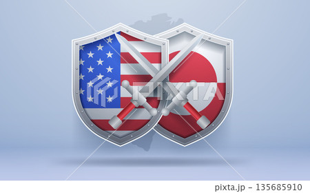 United States Greenland shields crossed swords conflict concept diplomatic tension Arctic background metallic design 135685910