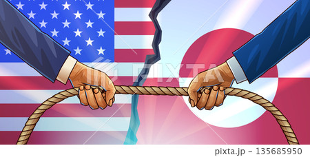 United States Greenland tug of war conflict political dispute hands pulling rope cracked flags background diplomatic tension concept United States Greenland tug of war conflict political dispute hands pulling rope cracked flags background diplomatic tension concept 135685950
