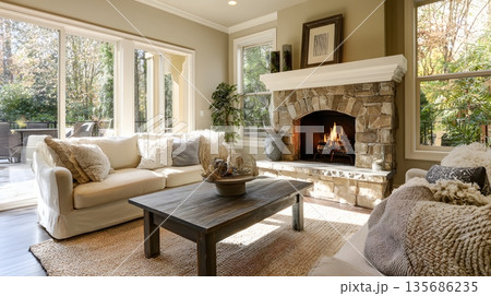 Cozy living room interior wide perspective fireplace comfortable sofa daylight 135686235