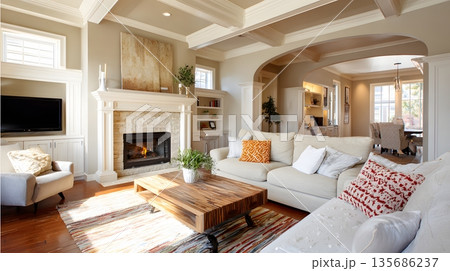 Cozy living room interior wide perspective fireplace comfortable sofa daylight 135686237