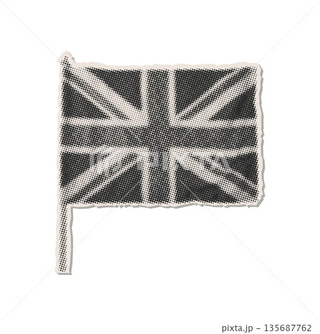 Grunge dotted halftone collage sticker flag of United Kingdom. Torn out piece of paper. Isolated mixed media vector illustration Grunge dotted halftone collage sticker flag of United Kingdom. Torn out piece of paper. Isolated mixed media vector illustration 135687762