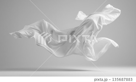空中に舞う白い布。白の背景 空中に舞う白い布。白の背景 135687883