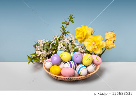 Multicolored Easter eggs in a basket with spring flowers: blooming spring cherry branches and yellow daffodils on gray table. Easter concept 135688533