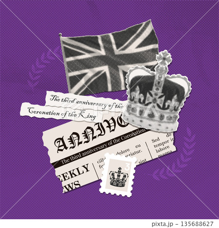 Elegant vintage paper collage for anniversary of the coronation of Kings Charles III at 6th May. Torn out stickers with UK flag, newspaper piece, postage stamp and crown. Vector illustration. Elegant vintage paper collage for anniversary of the coronation of Kings Charles III at 6th May. Torn out stickers with UK flag, newspaper piece, postage stamp and crown. Vector illustration. 135688627