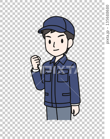 Illustration material of a man in work clothes wearing a hat making a fist pump 135688680