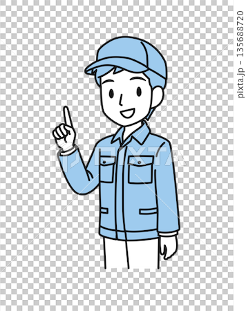 Illustration material of a man in work clothes wearing a hat explaining the points Illustration material of a man in work clothes wearing a hat explaining the points 135688720