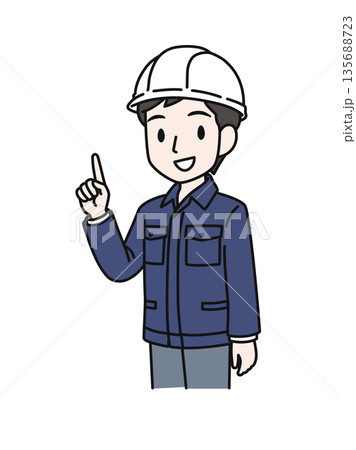 ポイントを説明するヘルメットを被った作業服の男性のイラスト素材 ポイントを説明するヘルメットを被った作業服の男性のイラスト素材 135688723