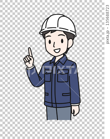 ポイントを説明するヘルメットを被った作業服の男性のイラスト素材 ポイントを説明するヘルメットを被った作業服の男性のイラスト素材 135688723